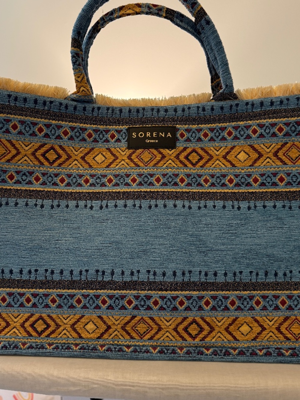 Sorena Greece Large Turquoise Geometric Jacquard Fringe Tote Bag